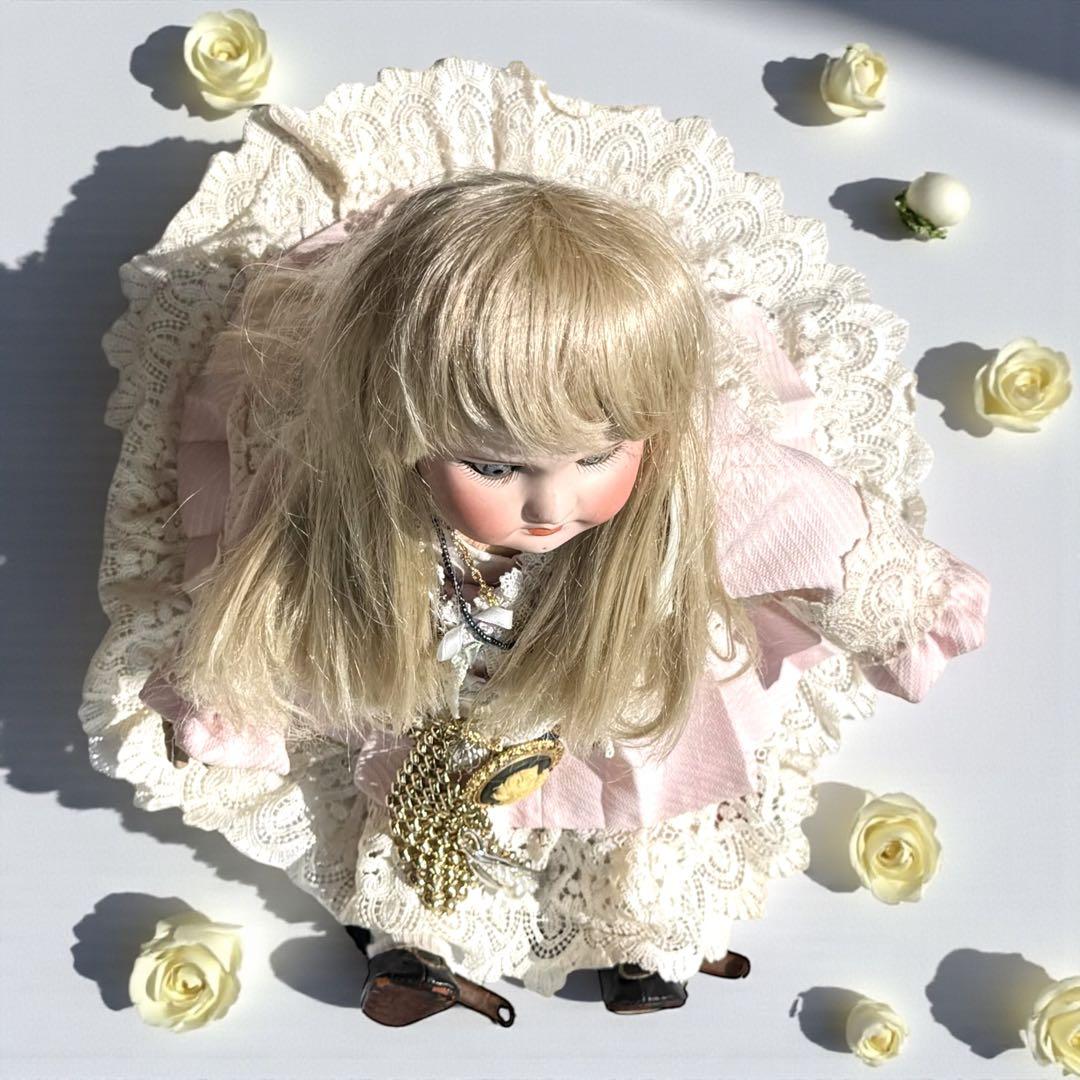 アンティーク ビスクドール ジュモー ピンク ドレス ボネ カメオ ネックレス