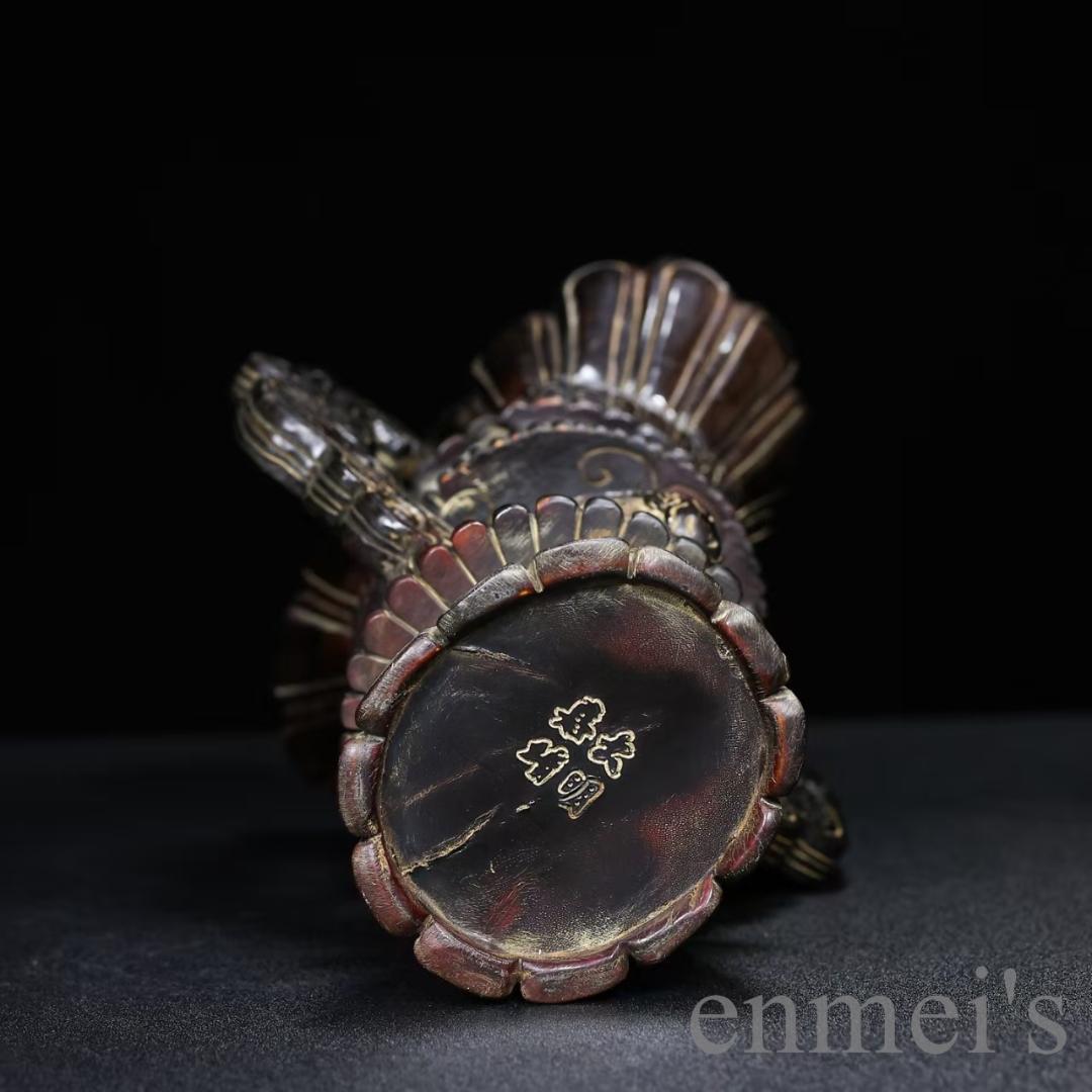 中国古美術『旧蔵 牛角彫刻 双龍耳 觚式尊』置物 工芸美術 極細工 古玩 骨董品