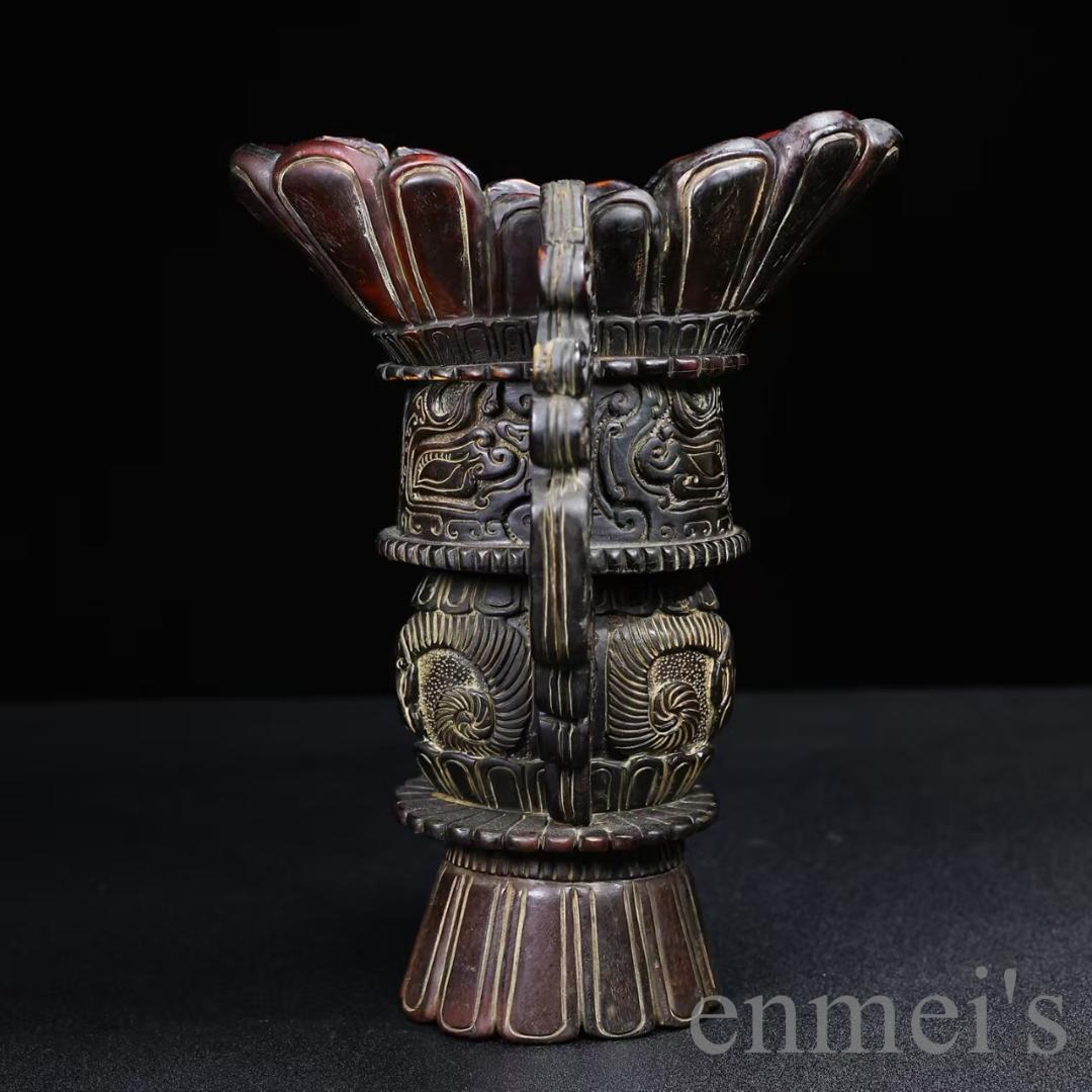 中国古美術『旧蔵 牛角彫刻 双龍耳 觚式尊』置物 工芸美術 極細工 古玩 骨董品