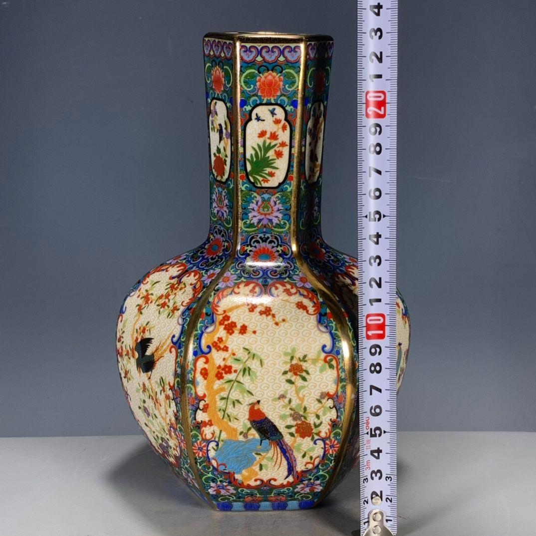 清代雍正粉彩蒔金花鳥多稜天球瓶  景徳鎮 陶磁器 装飾品 工芸品 美術品 置物