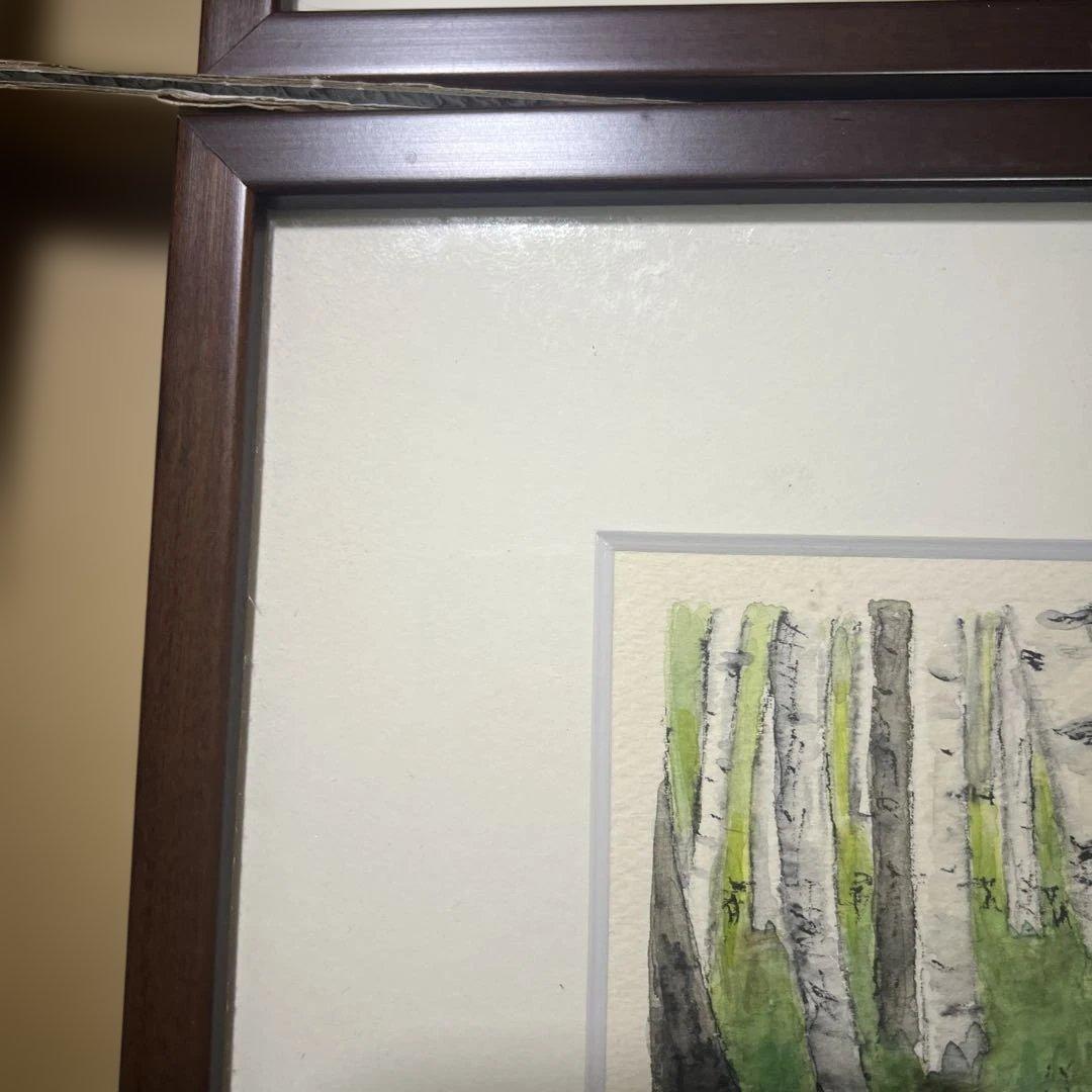 《夕日》《白樺林 》水彩画 風景画 原画 秋の風景 水彩画 原画