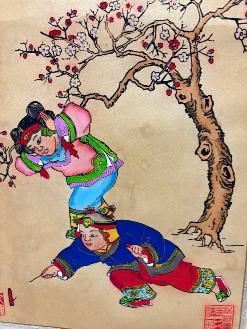 子供たちと雪だるまの水墨画掛け軸4セント