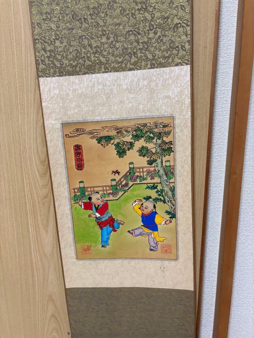 子供たちと雪だるまの水墨画掛け軸4セント