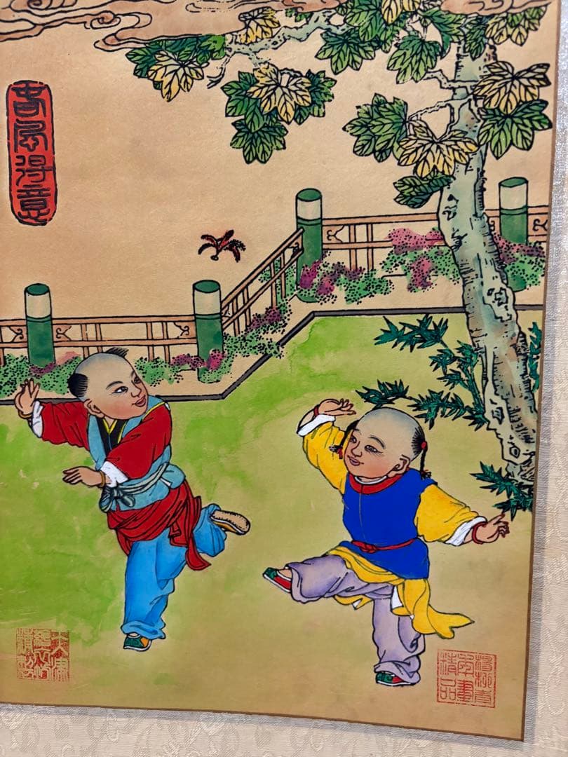 子供たちと雪だるまの水墨画掛け軸4セント