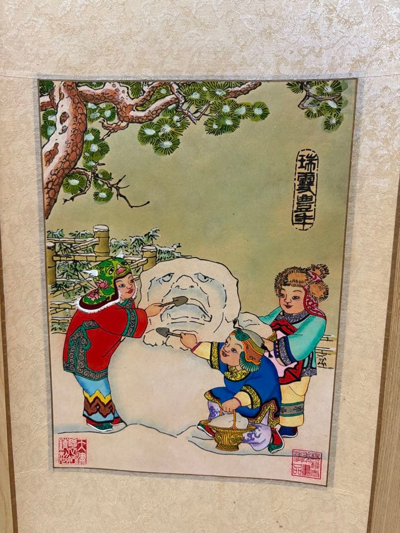 子供たちと雪だるまの水墨画掛け軸4セント