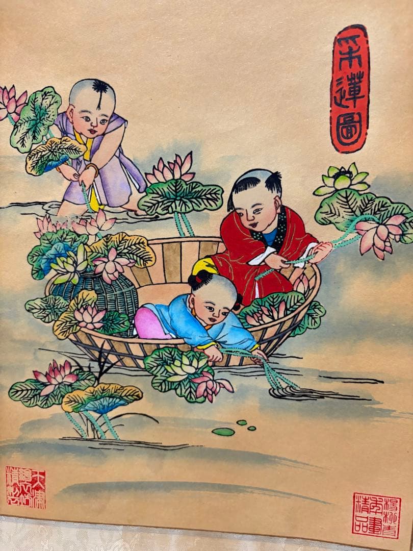 子供たちと雪だるまの水墨画掛け軸4セント