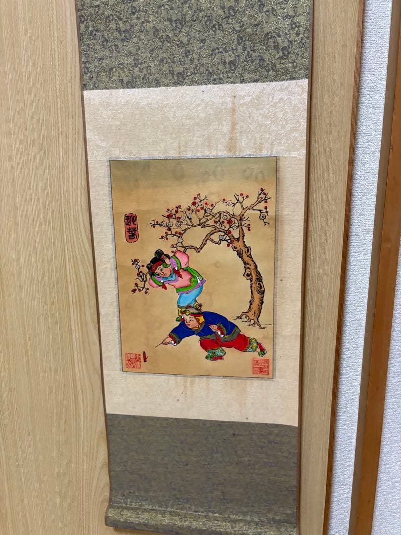 子供たちと雪だるまの水墨画掛け軸4セント