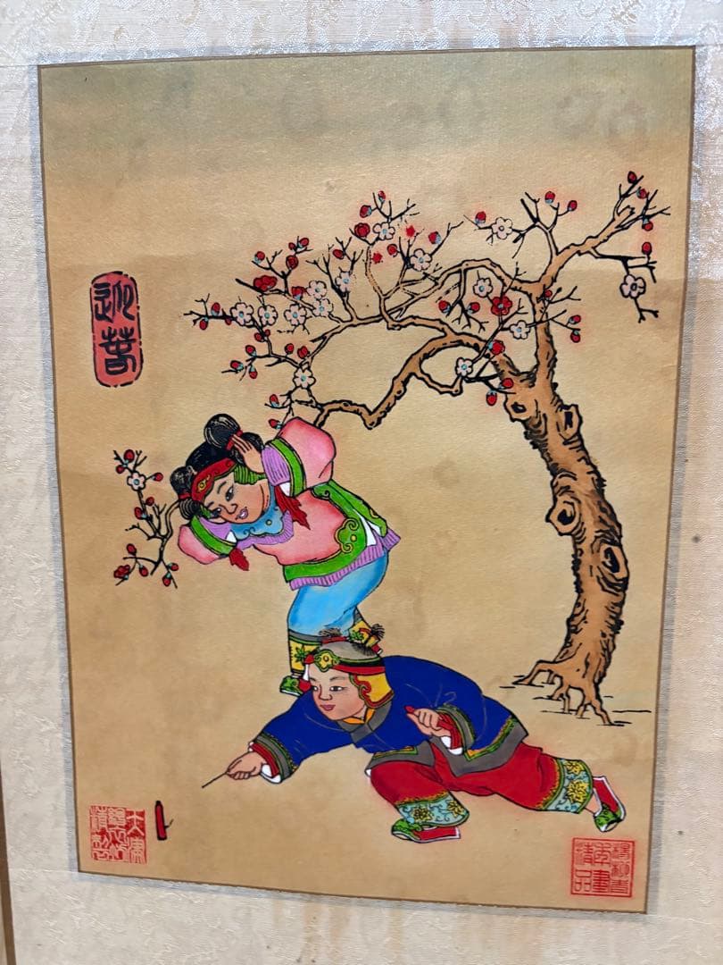 子供たちと雪だるまの水墨画掛け軸4セント