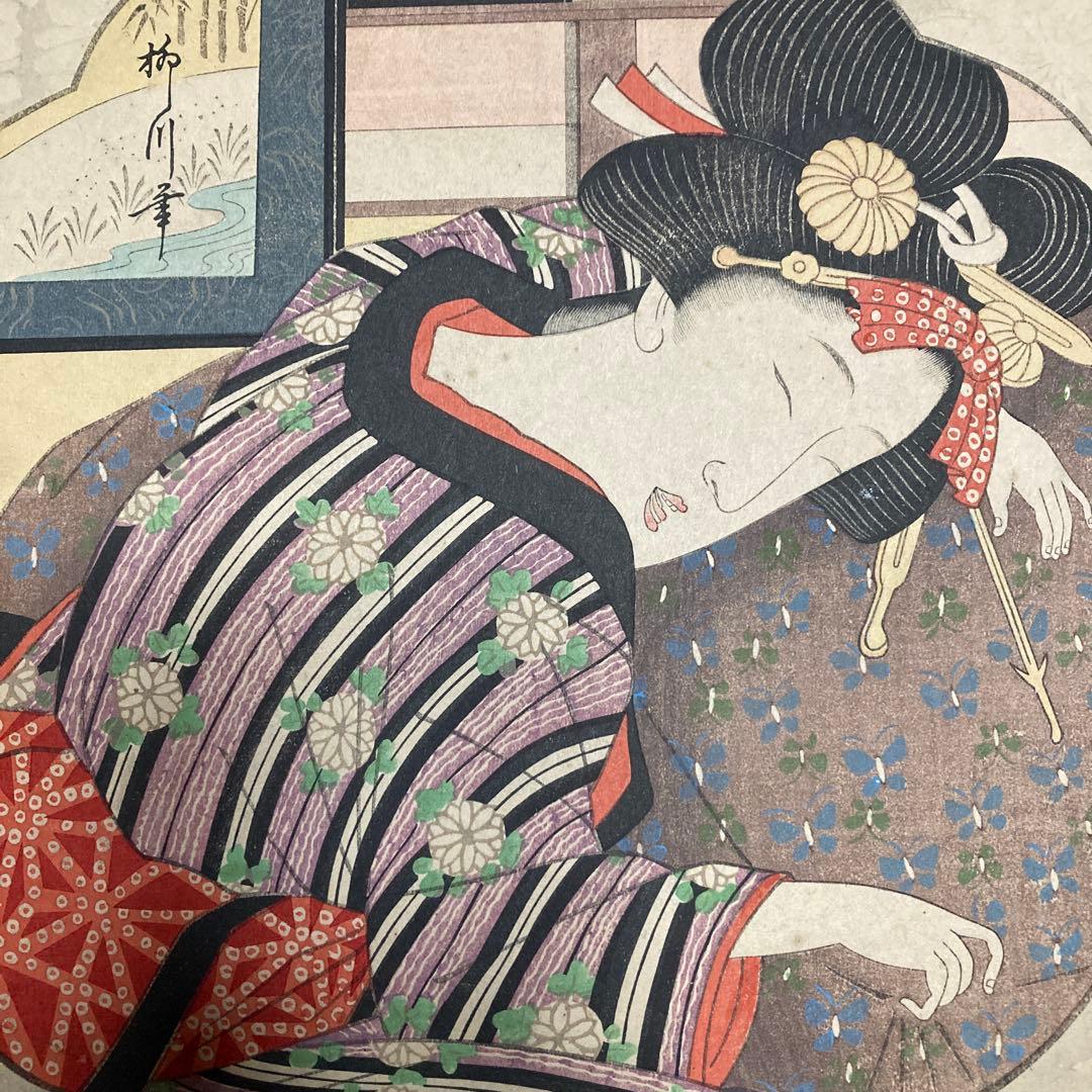 葛飾北斎門人　柳川重信　美人画木板　　　額44.5×41.5￼絵27×24cm