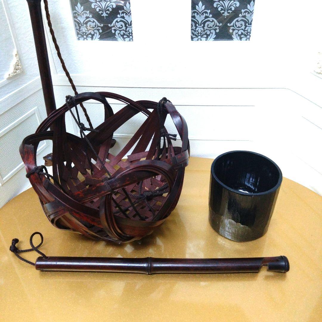 竹籠　吊り下げ花器　吊り下げ棒大小2本つき　日本伝統工芸