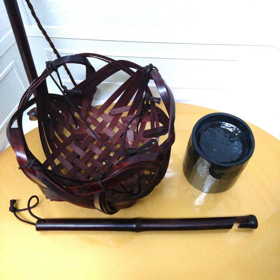 竹籠　吊り下げ花器　吊り下げ棒大小2本つき　日本伝統工芸