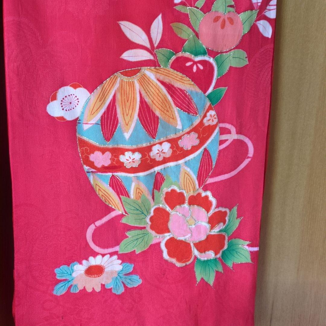 七五三３歳正絹アンティーク着物と被布エプロンセット（長襦袢付き）