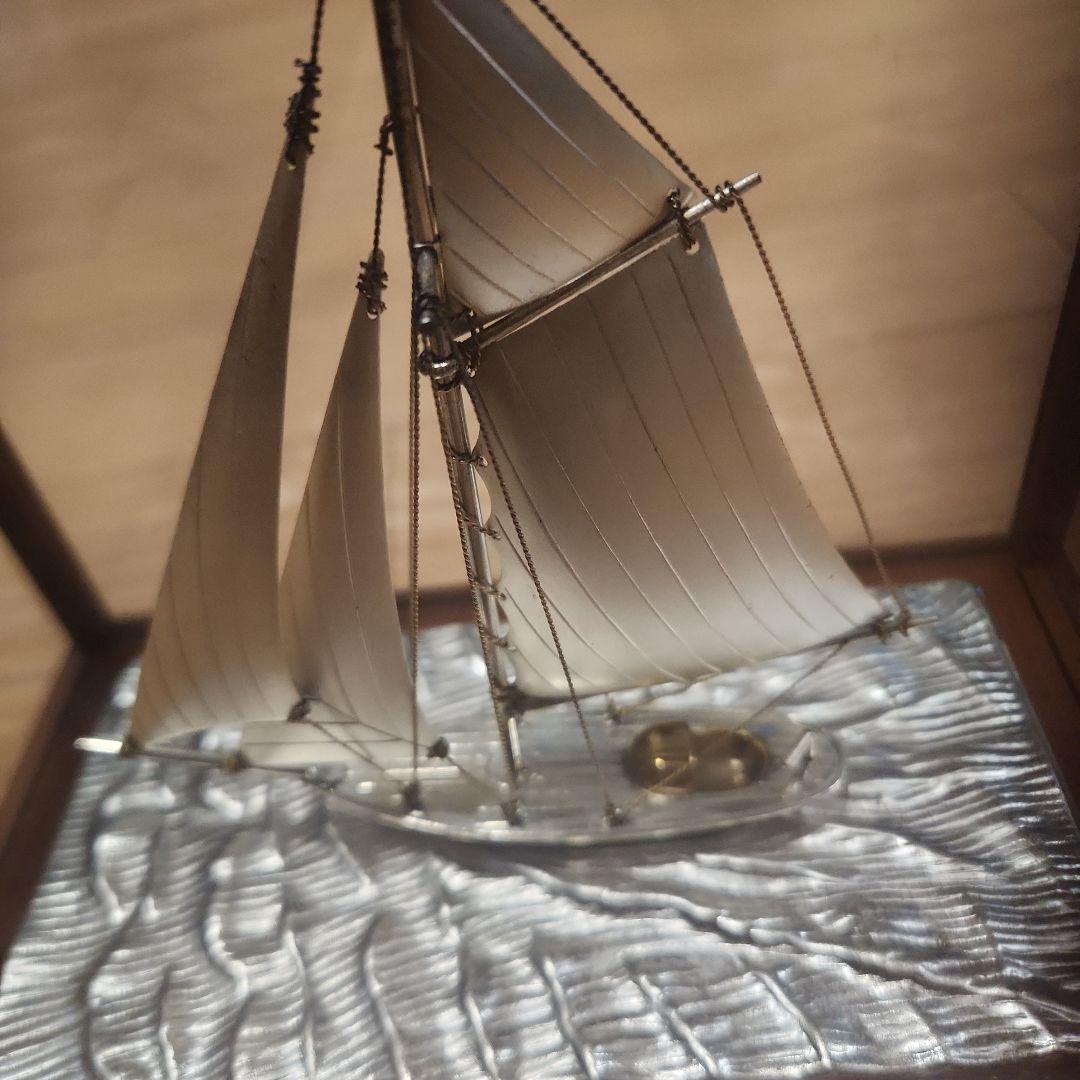 銀製ヨット模型 置物 ガラスケース付き