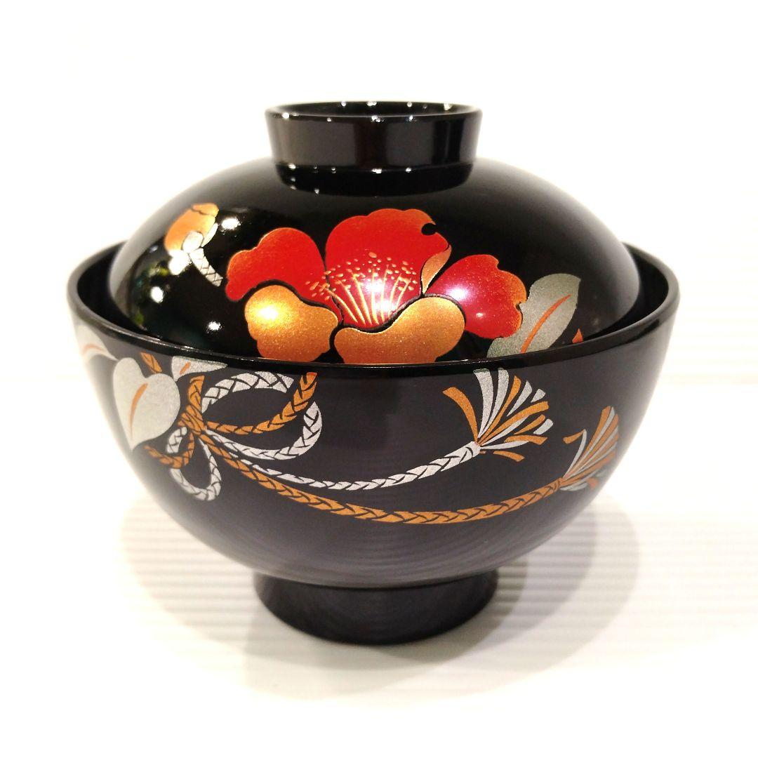 会津塗 漆器 金彩 吸物碗 蓋付き 黒塗 蒔絵 汁椀 お正月 椿 5客揃