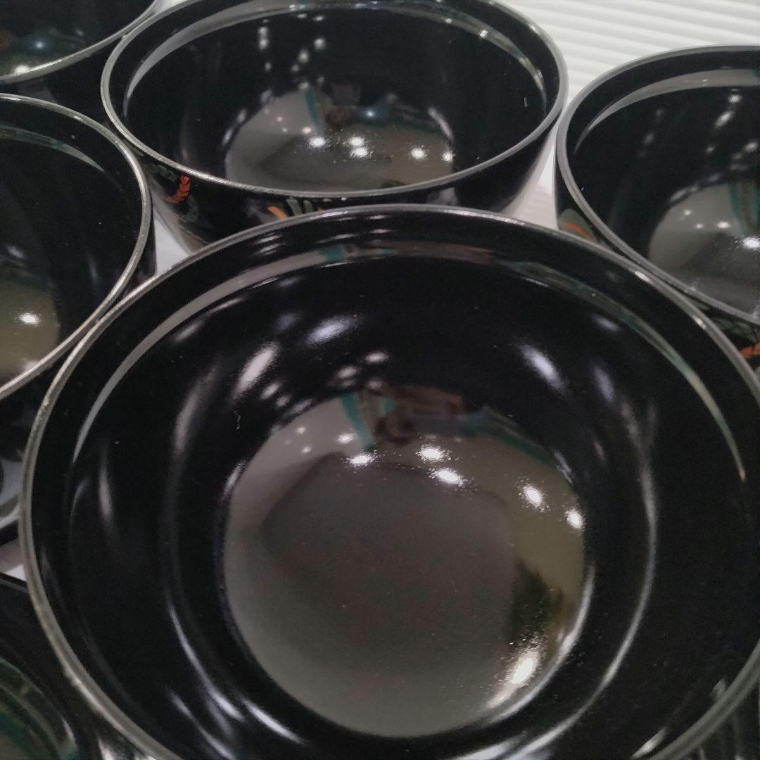 会津塗 漆器 金彩 吸物碗 蓋付き 黒塗 蒔絵 汁椀 お正月 椿 5客揃