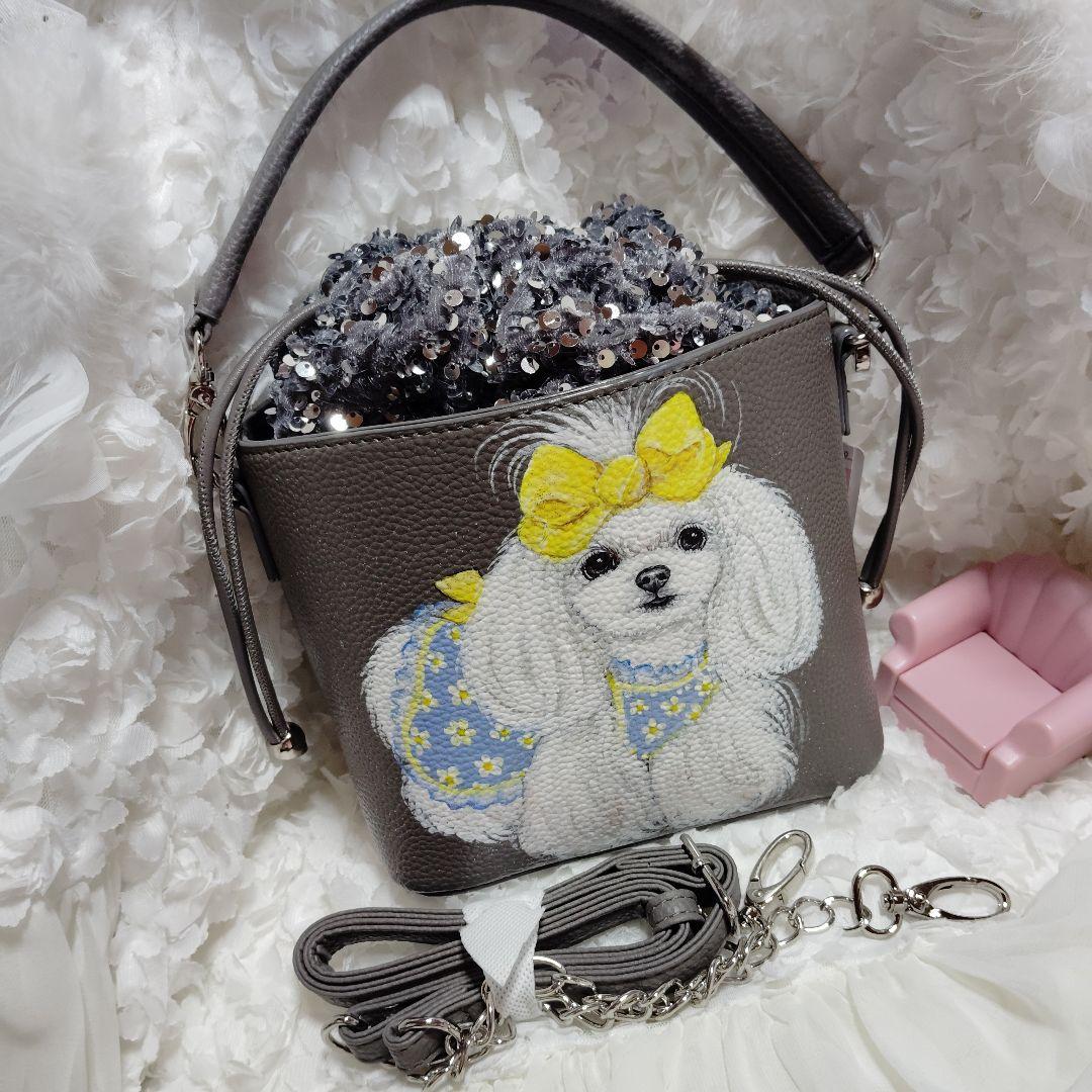 トールペイント犬バック合皮スパンコールショルダーバック♡マルチーズトイプードル♡