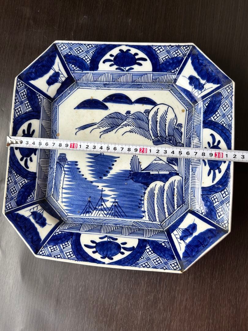 古伊万里 染付 ベロ藍 線描 銘有 隅切り八角皿 山水楼閣 九谷 飾り皿 骨董品