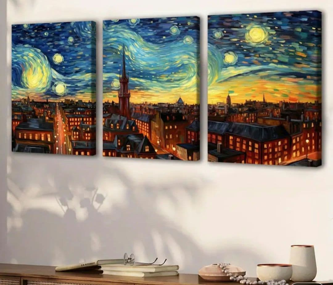 【額入り】ゴッホ 星月夜 デザイン 超軽量 高品質防水加工キャンバスアート 3枚