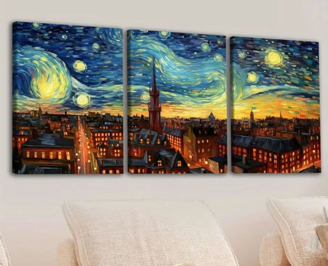 【額入り】ゴッホ 星月夜 デザイン 超軽量 高品質防水加工キャンバスアート 3枚