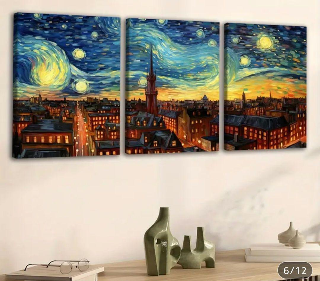 【額入り】ゴッホ 星月夜 デザイン 超軽量 高品質防水加工キャンバスアート 3枚