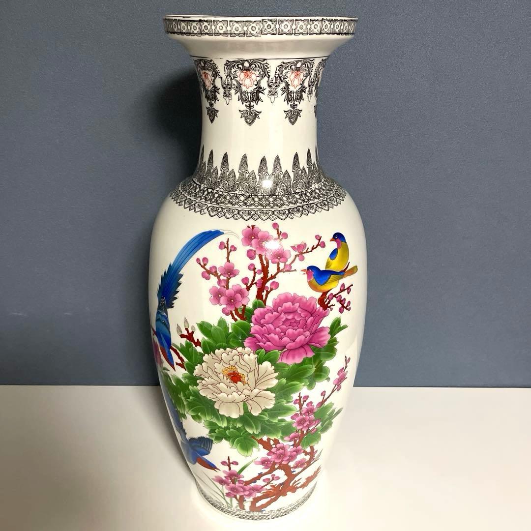 『中国美術』 景徳鎮製 粉彩色絵花鳥図 大花瓶 高さ60.5㎝ 重さ5.4kg