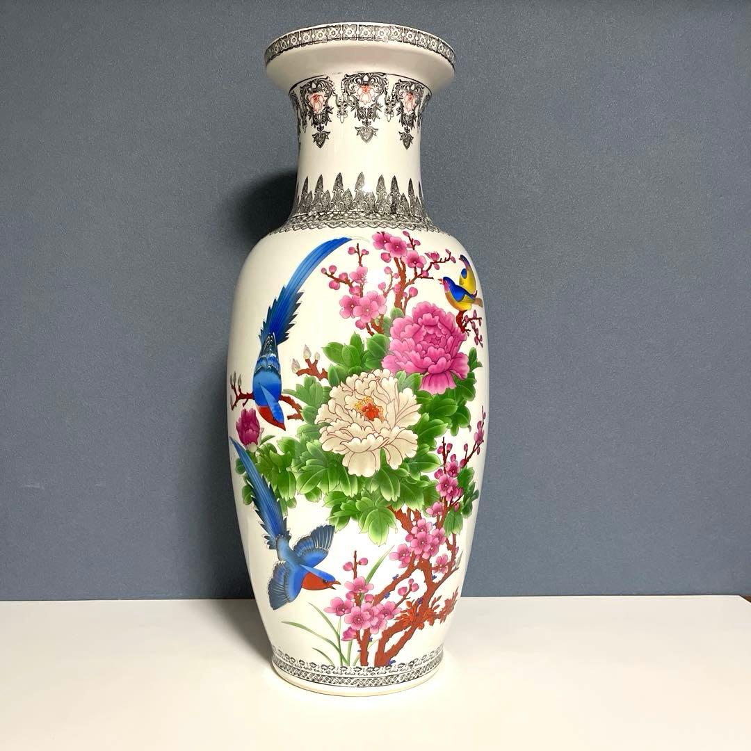 『中国美術』 景徳鎮製 粉彩色絵花鳥図 大花瓶 高さ60.5㎝ 重さ5.4kg