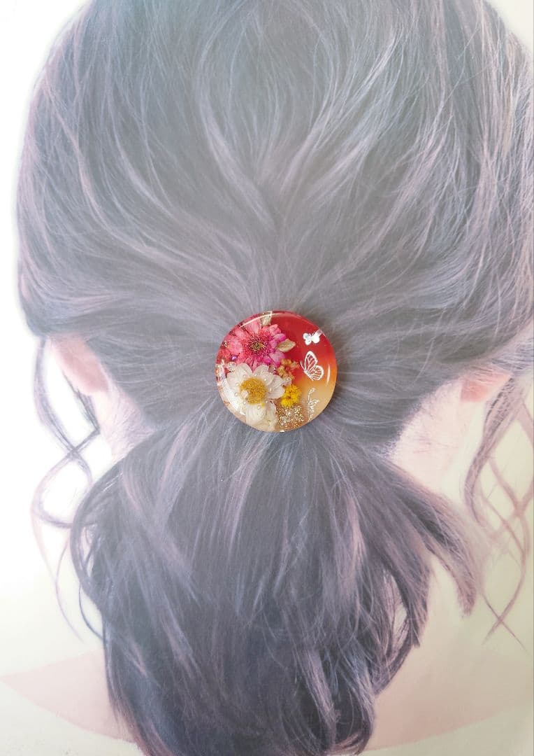 レジン　猫　ドライフラワー　ヘアゴム　ブローチ　ポニーフック　No.489