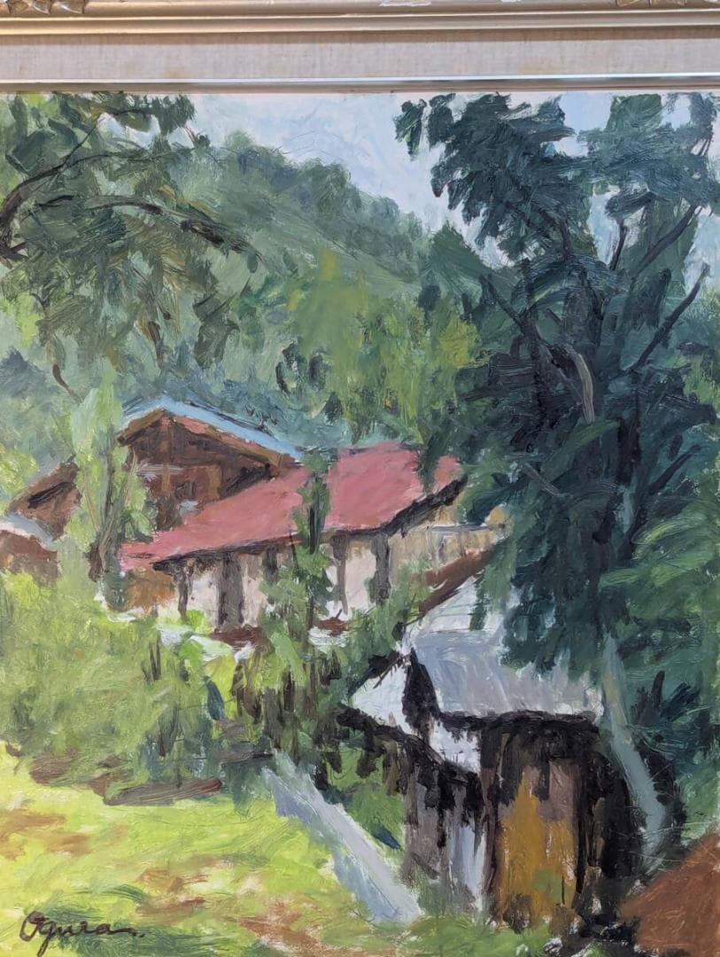 【真作】絵画　油彩8号　山里の赤屋根　緑豊かな風景　自然と暮らしの風景　Z44