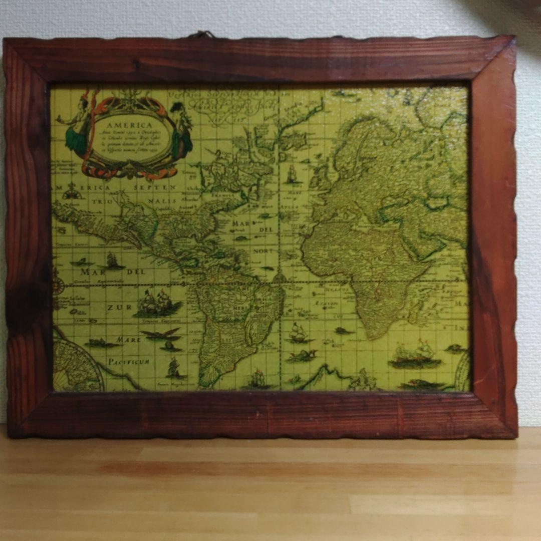 世界地図 木製 額 スペイン　壁掛け　アンティーク