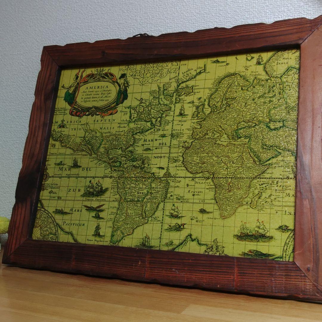 世界地図 木製 額 スペイン　壁掛け　アンティーク