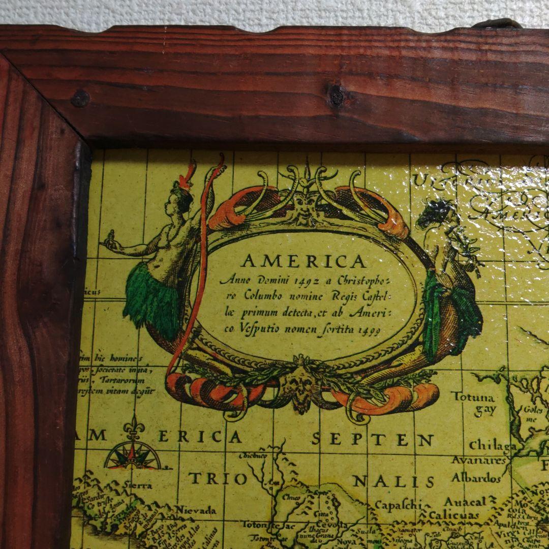 世界地図 木製 額 スペイン　壁掛け　アンティーク