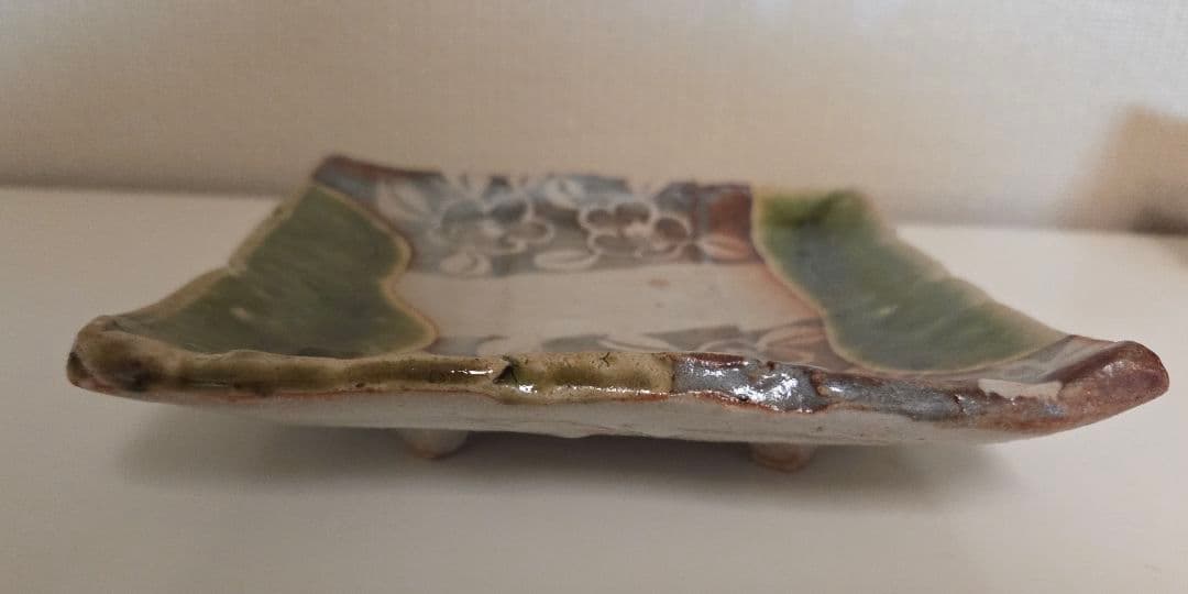 織部 玉山窯 玉置保夫 四角皿 5枚セット 脚付 椿 四方皿