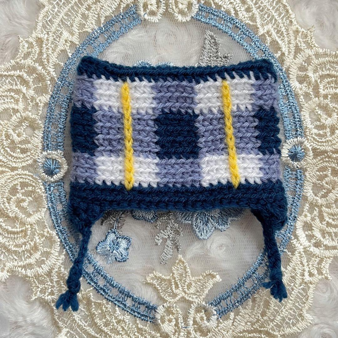 【にゃんちゅう様】 チェック柄ニット帽(ネイビー×イエロー) 1点