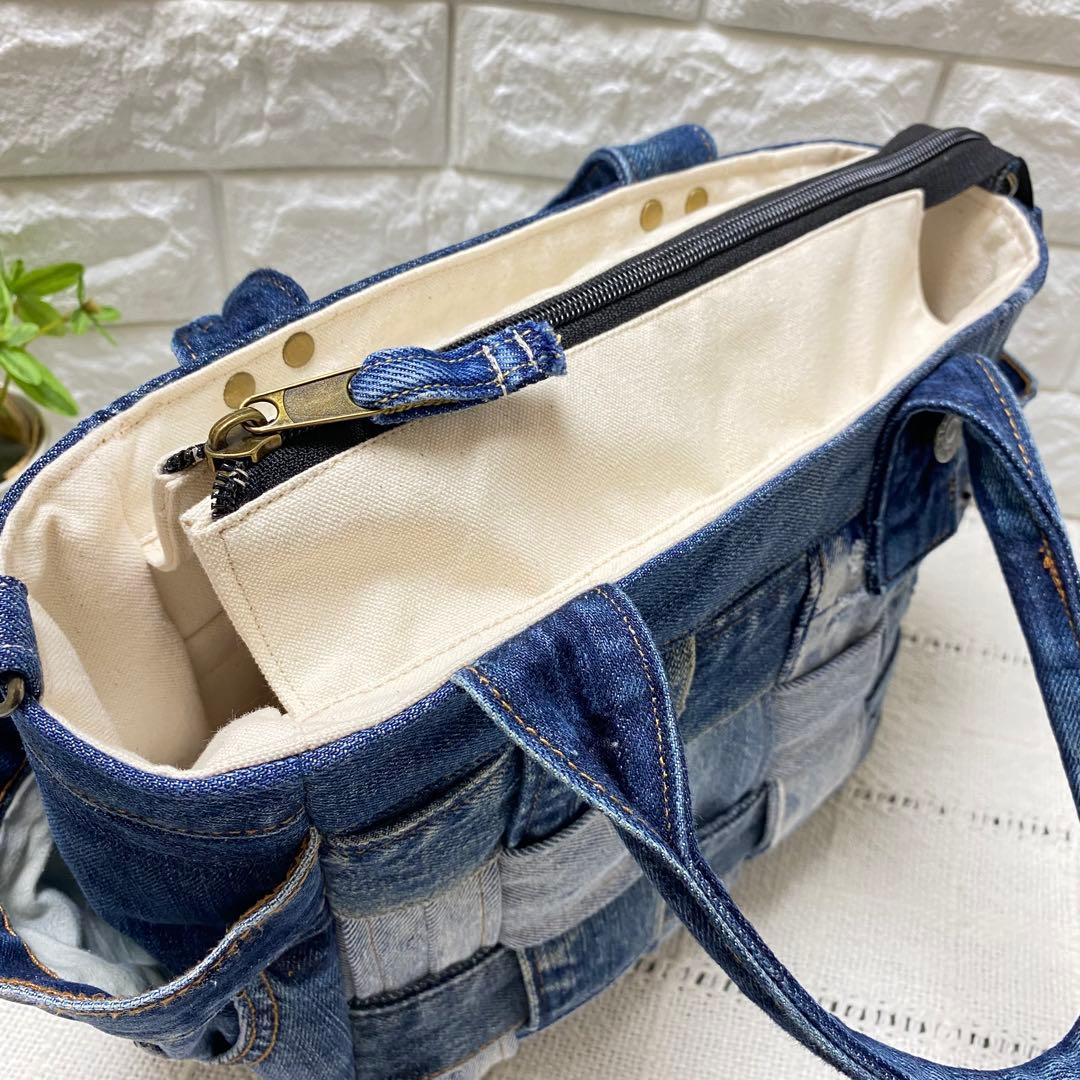 ハンドメイド　デニムリメイク　編み込みトートバッグ　インディゴブルー