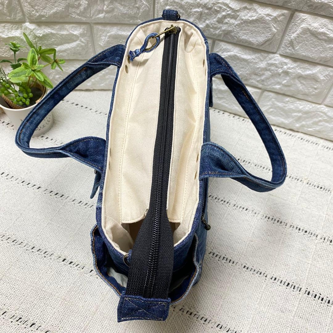 ハンドメイド　デニムリメイク　編み込みトートバッグ　インディゴブルー