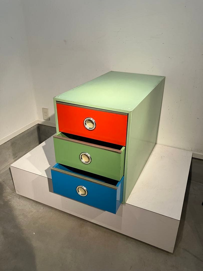 ブリキの３段収納ケース②、ブリキのタンス、収納ボックス、レトロ、ガレージ収納