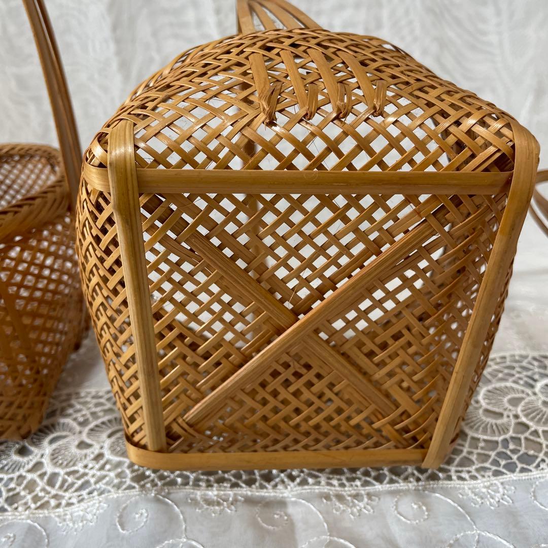 竹籠　竹工芸品　竹細工　インテリア　カゴ　持ち手付き バスケット 3個