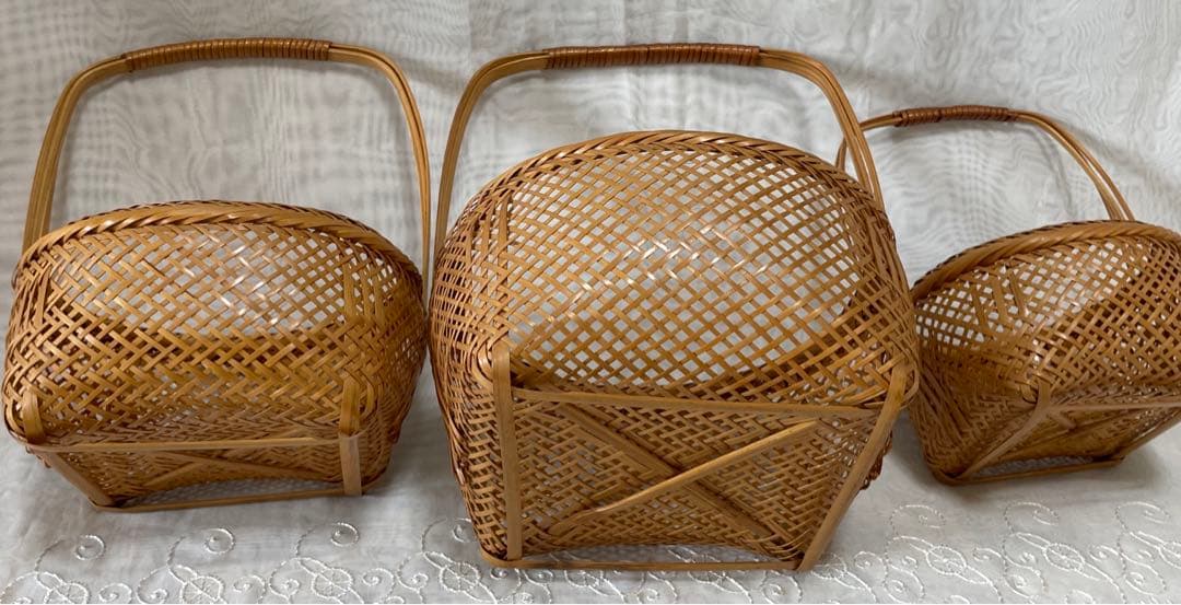竹籠　竹工芸品　竹細工　インテリア　カゴ　持ち手付き バスケット 3個