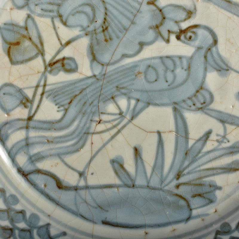 中国　古染付　青花芙蓉手　花鳥文盤　皿　C　R6823