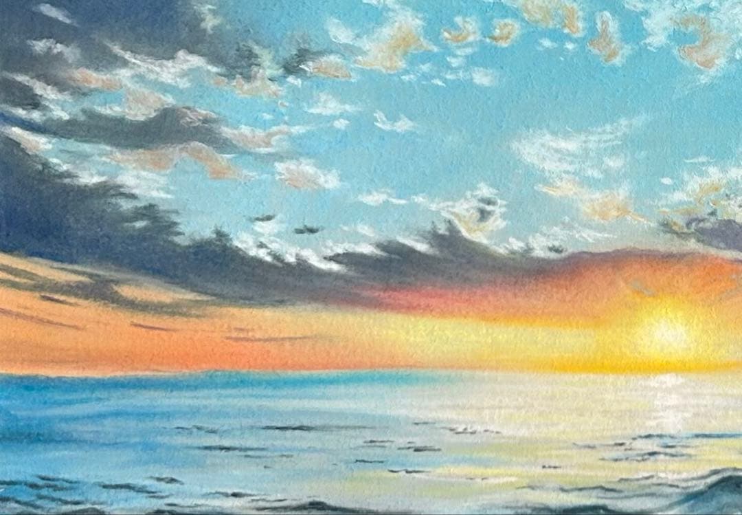 夕陽の海の景色 パステル画 原画 39.5×27.5