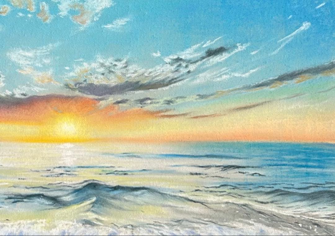 夕陽の海の景色 パステル画 原画 39.5×27.5