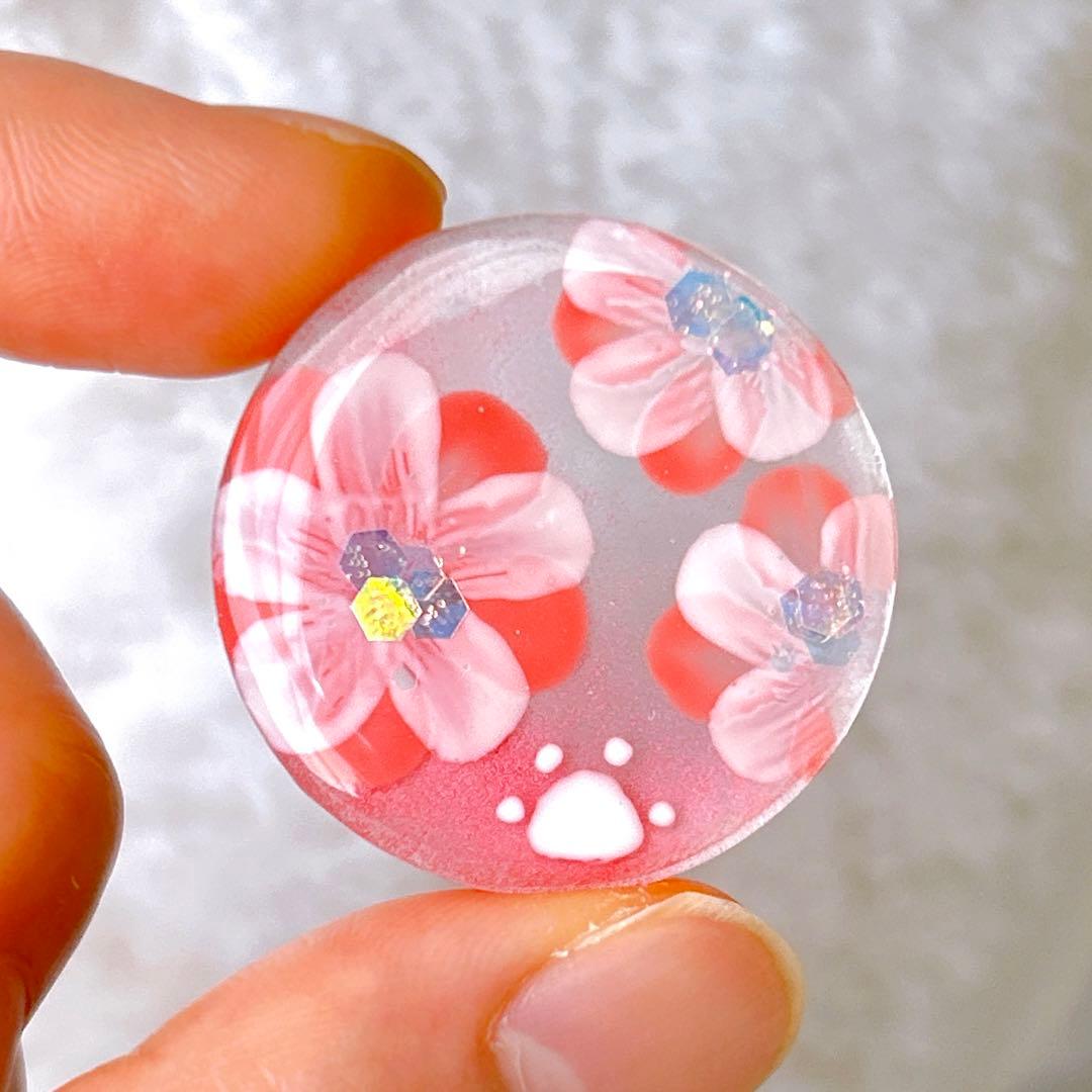 手描き　お花　ピンク　ヘアゴム　ブローチ　レジン　猫　透け感あり