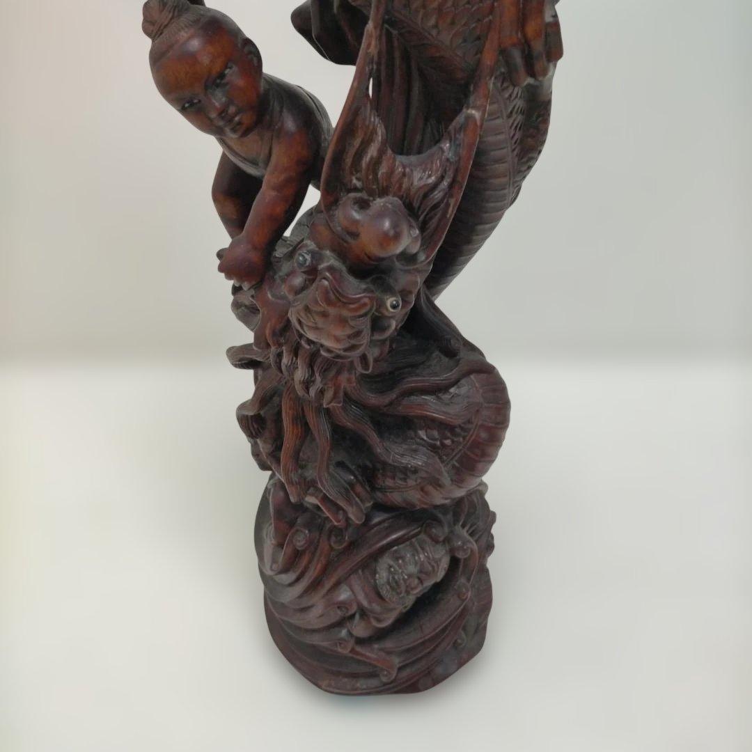 【骨董】木彫 童子 龍 彫刻 置物 高さ約51cm 古美術 260113-1T