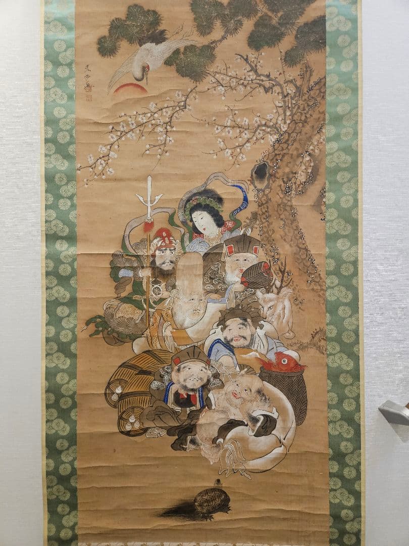 在銘 七福神図 大型掛軸 202×77cm 肉筆 絹本 旭日松竹梅鶴亀