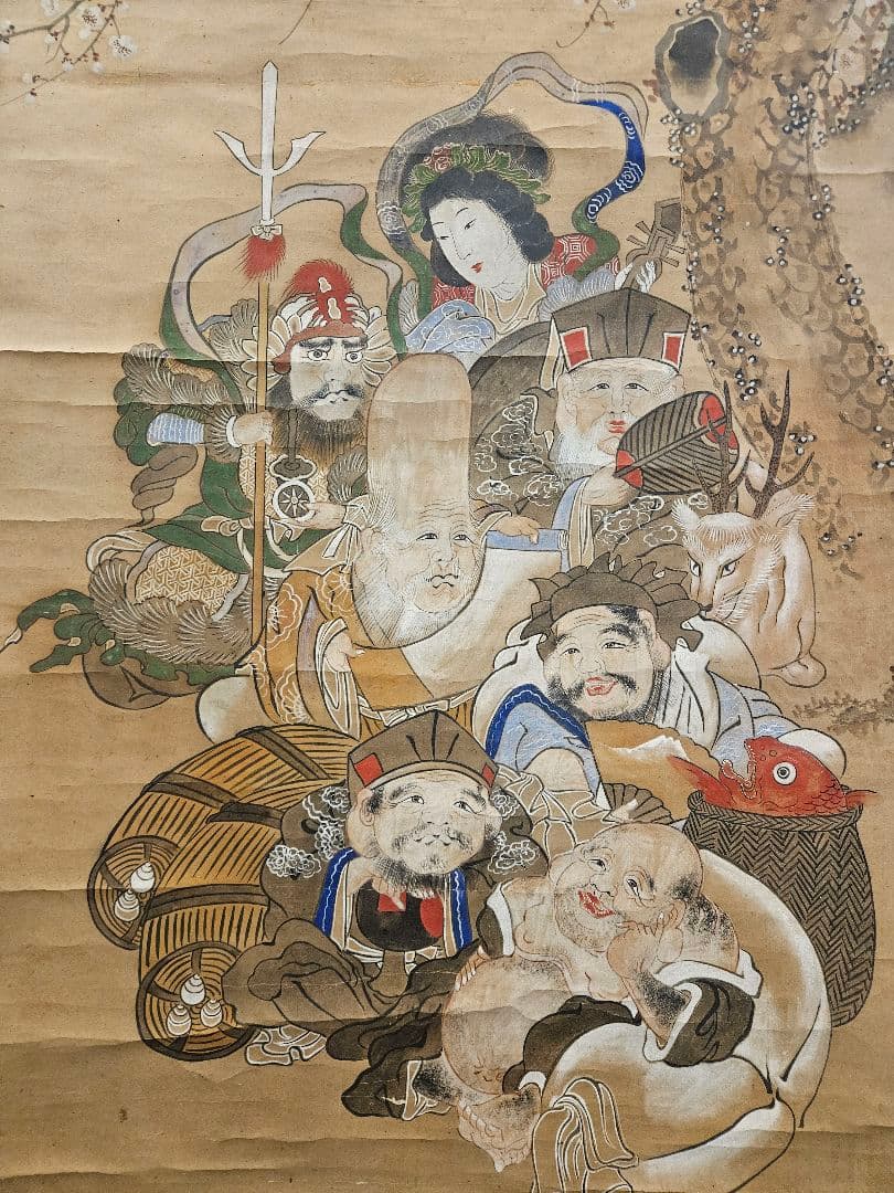 在銘 七福神図 大型掛軸 202×77cm 肉筆 絹本 旭日松竹梅鶴亀