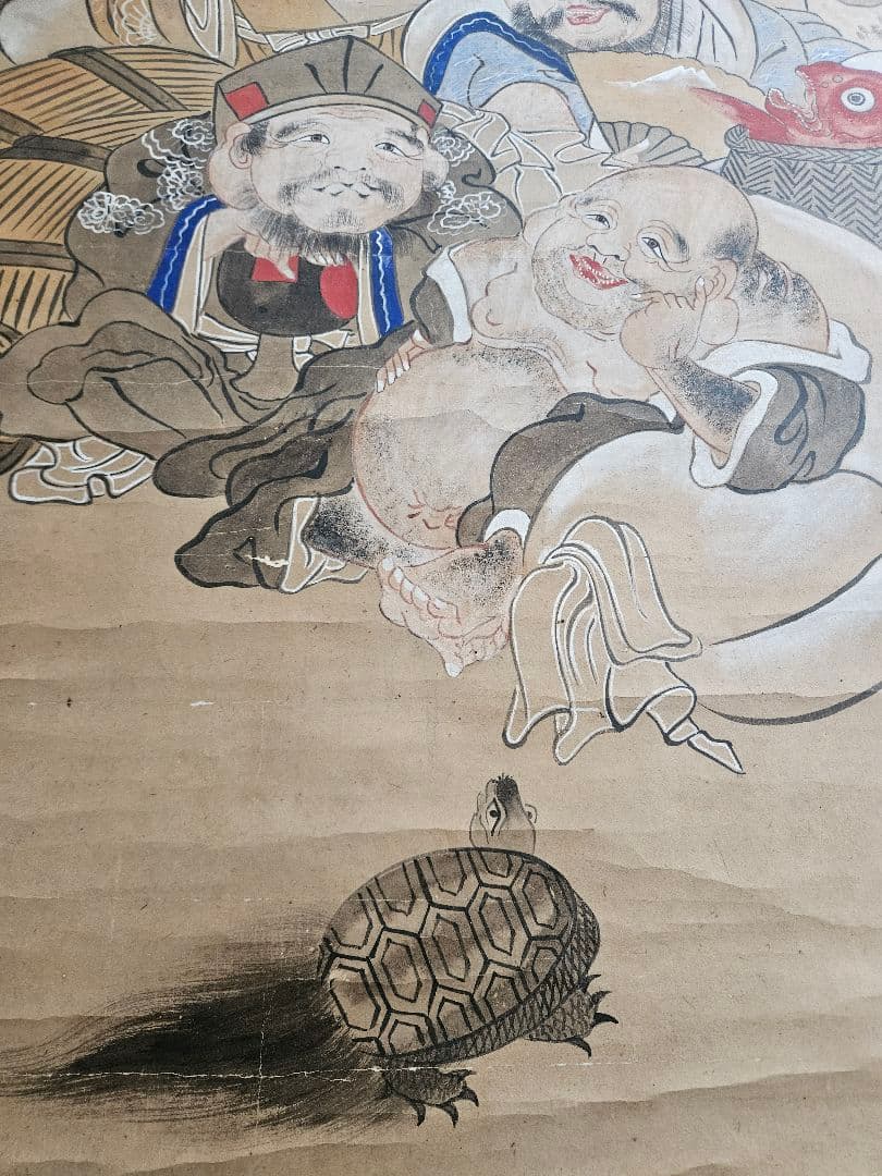 在銘 七福神図 大型掛軸 202×77cm 肉筆 絹本 旭日松竹梅鶴亀