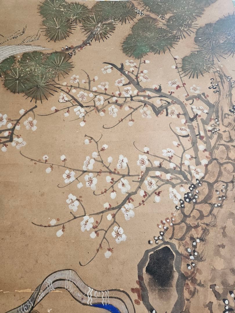 在銘 七福神図 大型掛軸 202×77cm 肉筆 絹本 旭日松竹梅鶴亀