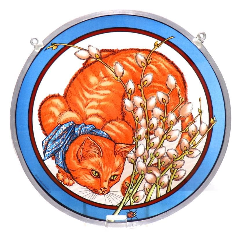 てんとう虫を見つめる猫 大型 丸型 ヴィンテージ ステンドグラスキャット