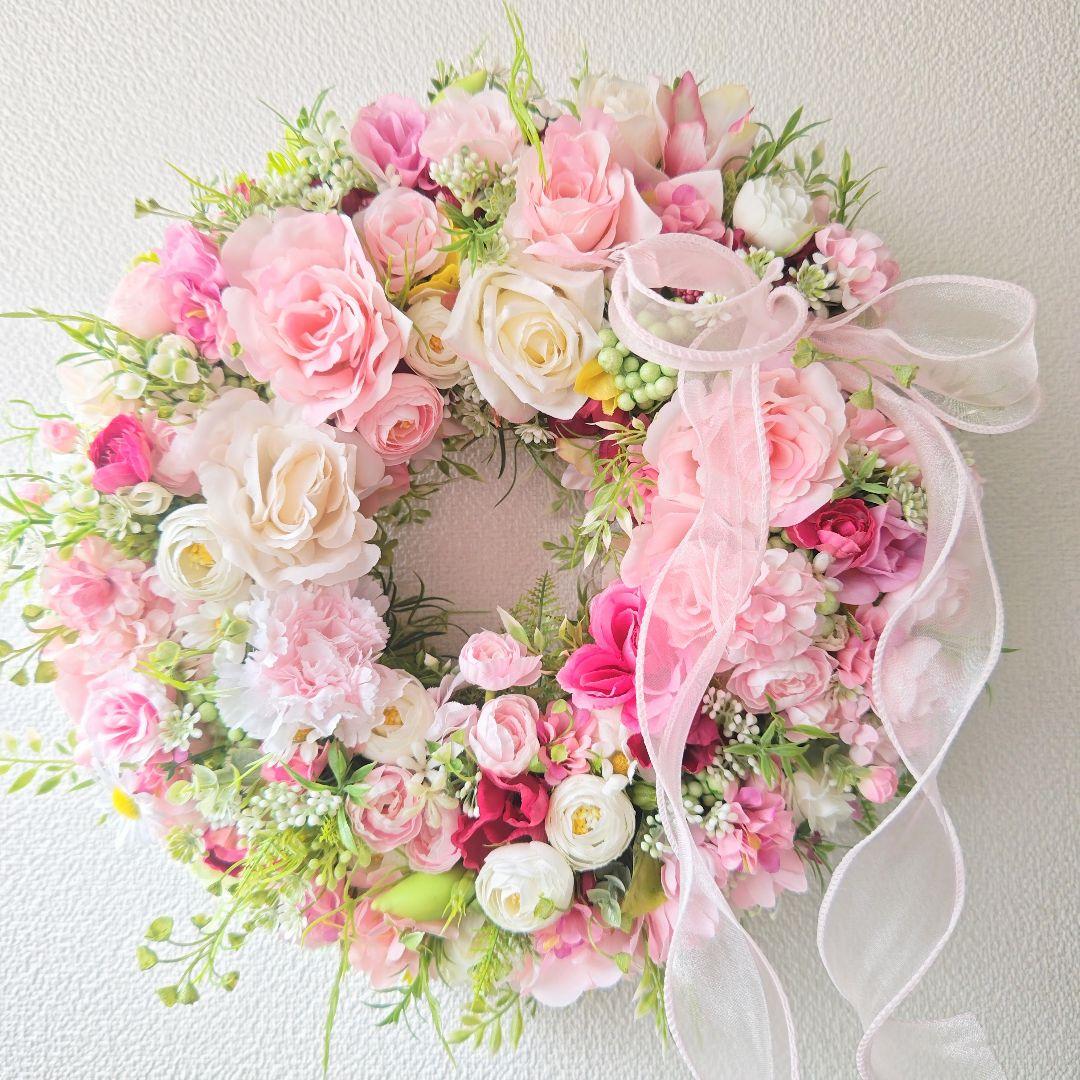 特大43cm 華やかフラワーリース ピンクリース 玄関リース イベント