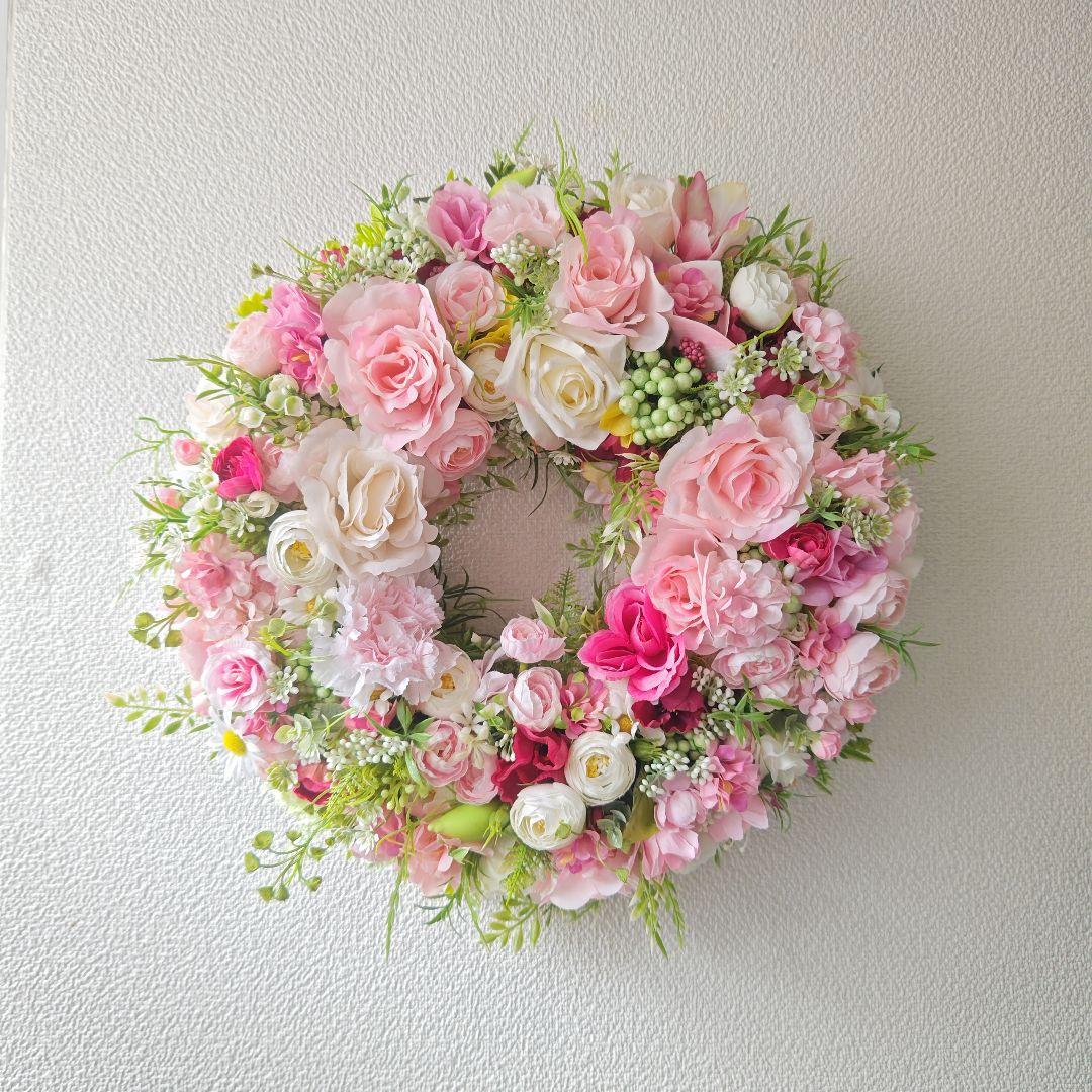 特大43cm 華やかフラワーリース ピンクリース 玄関リース イベント